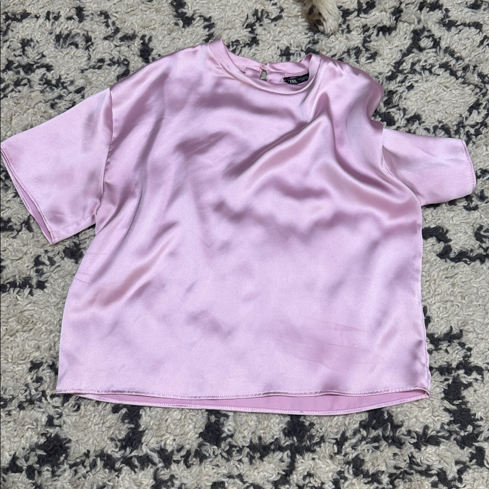 Zara Pink Satin Short Sleeve Top